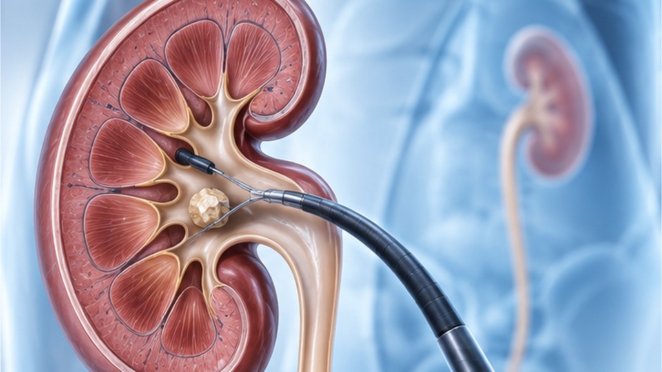 Ilustração de rim com cálculo renal e ureteroscópio