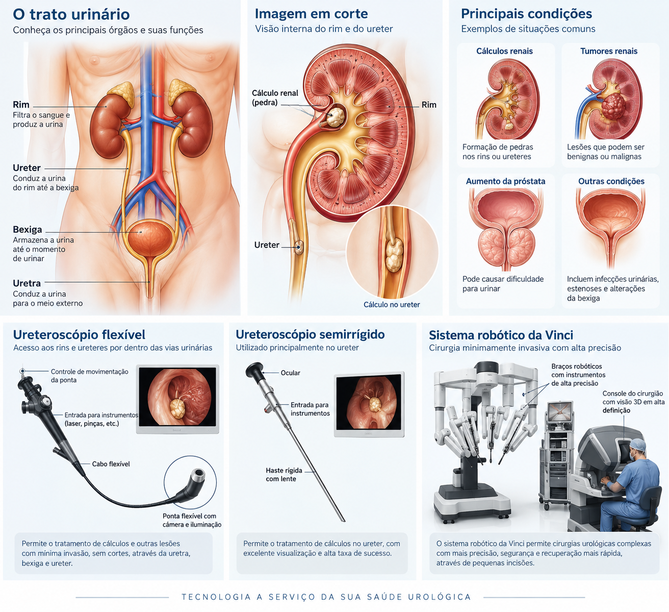 Ilustração educacional do trato urinário, cálculos renais e ureteroscópios flexível e semirrígido.