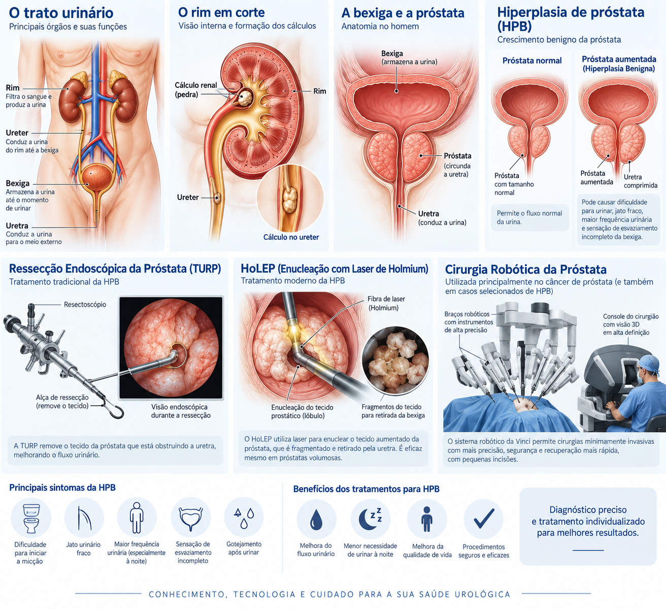 Ilustração educacional da hiperplasia prostática e de opções de tratamento endoscópico e robótico.