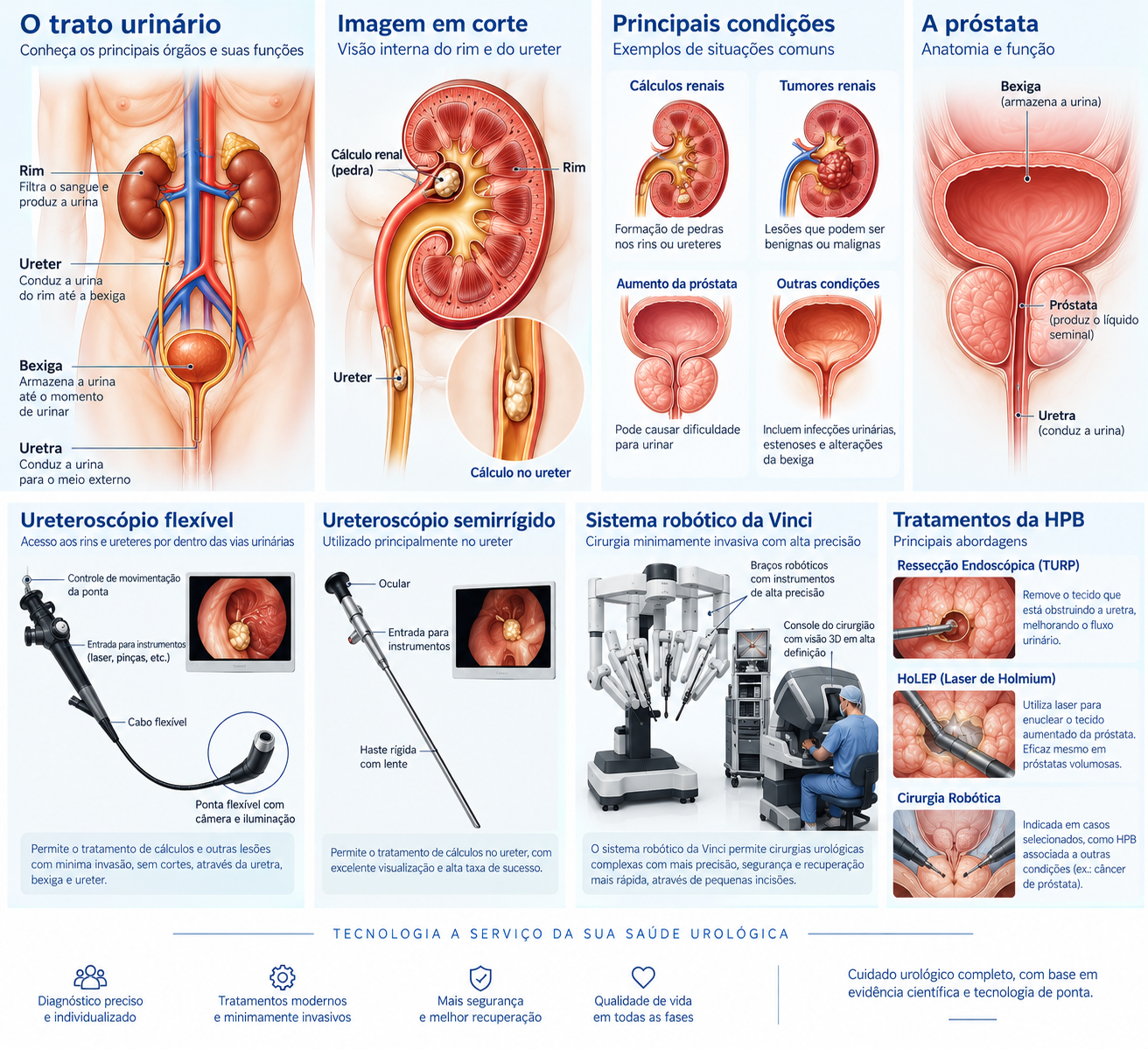 Ilustração educacional de procedimentos minimamente invasivos e cirurgia robótica.